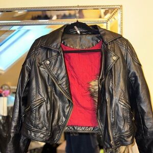 FREE PEOPLE (vegan leather) Biker Moto Black Leather Jacket with Red Lining